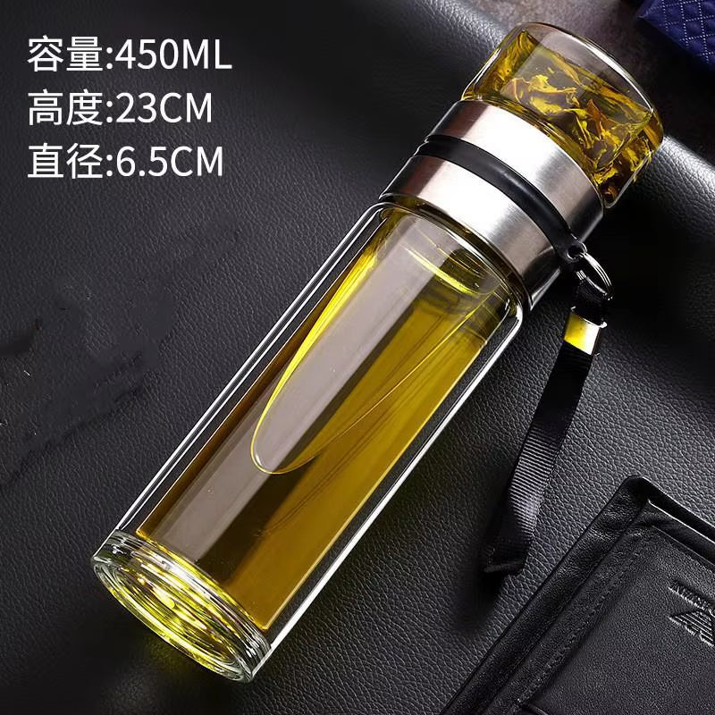 High Borosilicate Glass Tea Water Bottle with Filter, Double Layer Infuser Tumbler, Drinkware