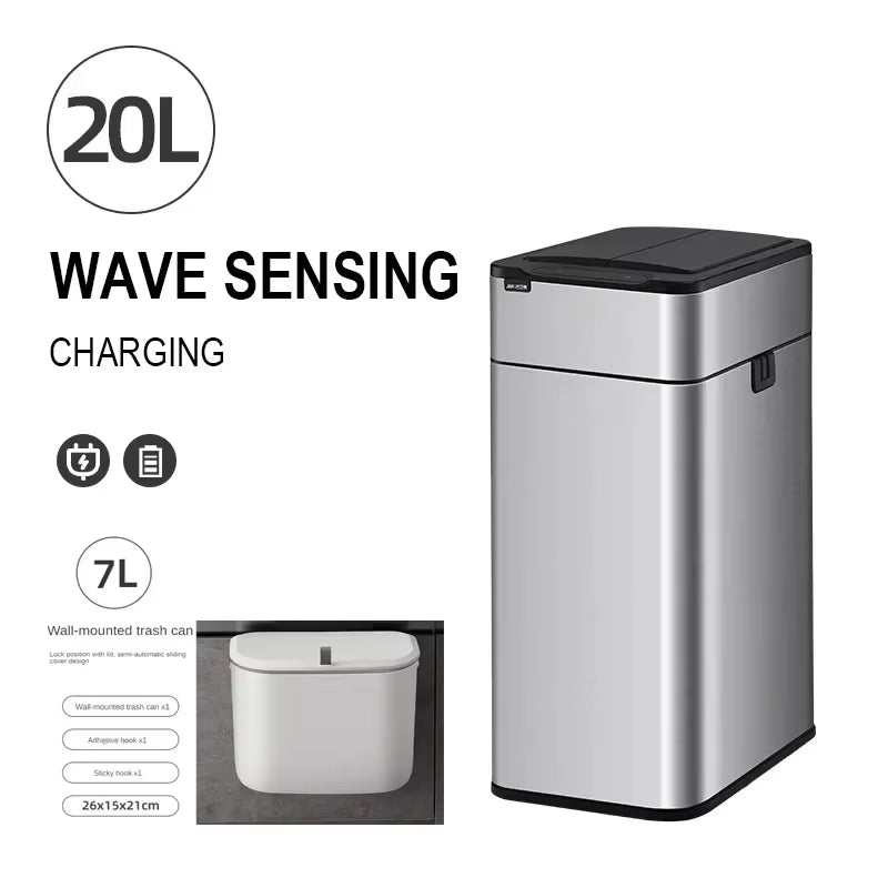 Smart Trash Can 20L Kitchen Two-Way Sensor Dustbin Wastebasket Automatic Bagging Trash Bin Stainless Home Rectangular Waste Bin