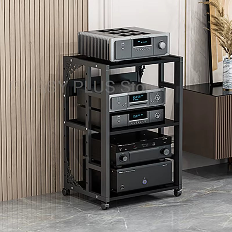 Adjustable 2-5 Tier Audio Rack Steel Frame Media Console E1 Panels Amplifiers Bracket with Wheels for Amp Home Theather Storage