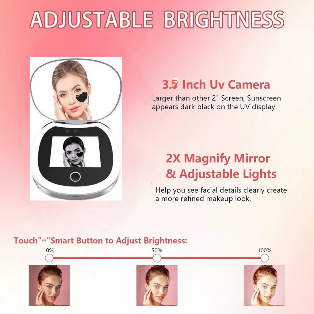UV Mirror Sunscreen Testing Camera with Light 2X Magnification Travel Makeup 3.5In Pocket Size L Pocket Mirror Sunscreen Mirror