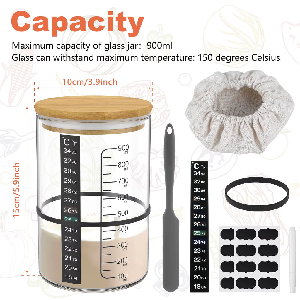Sourdough Starter Jar 900Ml Starter Container Clear Glass Jar and Accessory Sourdough Bread Baking Supplies Ferment Food Storage