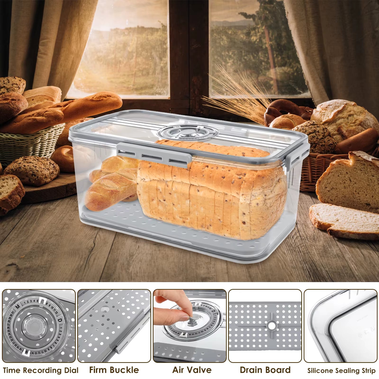Bread Preservation Box Sealing Bread Toast Storage Container Kitchen Food Keep Fresh Organizer with Snap Time Recording