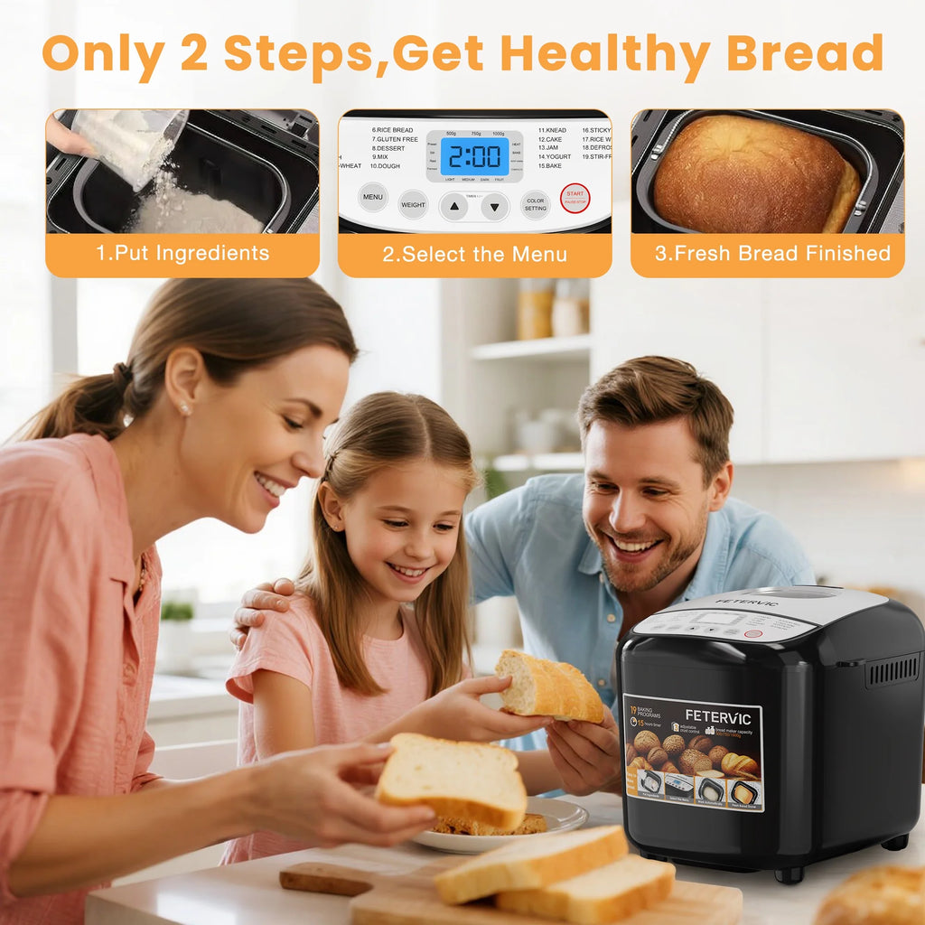 19-IN-1 Bread Maker, 2LB Bread Machine Nonstick Ceramic Pan Bread Maker Machine for Gluten Free/Dough Maker/Dried Meat Floss/Jam/Yogurt, Breadmaker Recipe,Black