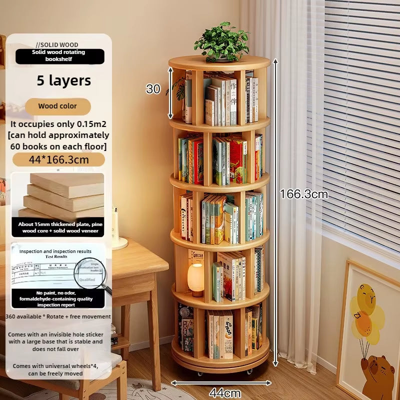 360-Degree Rotating Solid Wood Bookshelf: Floor-To-Ceiling, Wall-Mounted, Narrow Corner Cabinet