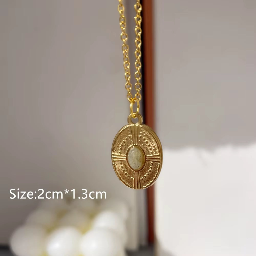 2022 New Gray Enamel round Star Sun Charm Natural Stones Pendants Necklace Stainless Steel Clavicle Chain Jewelry