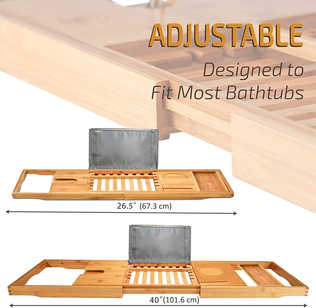Bamboo Bathtub Caddy Tray, Bath Tub Tray with 12-In-1 Features Adjustable Bathtub Table, Non-Slip and Holds Books/Tablets/Cell Phone/Towels/Foods/Wineglass/Soap Dish (Single Box)