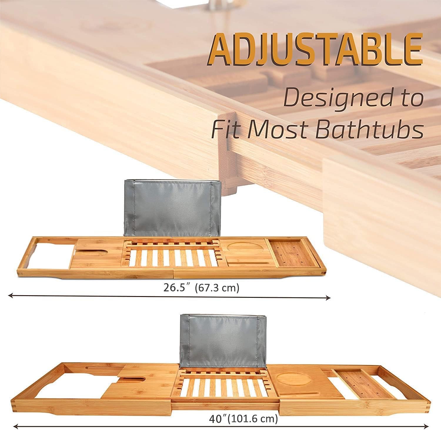 Bamboo Bathtub Caddy Tray, Bath Tub Tray with 12-In-1 Features Adjustable Bathtub Table, Non-Slip and Holds Books/Tablets/Cell Phone/Towels/Foods/Wineglass/Soap Dish (Single Box)