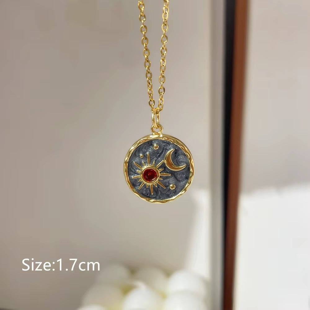 2022 New Gray Enamel round Star Sun Charm Natural Stones Pendants Necklace Stainless Steel Clavicle Chain Jewelry