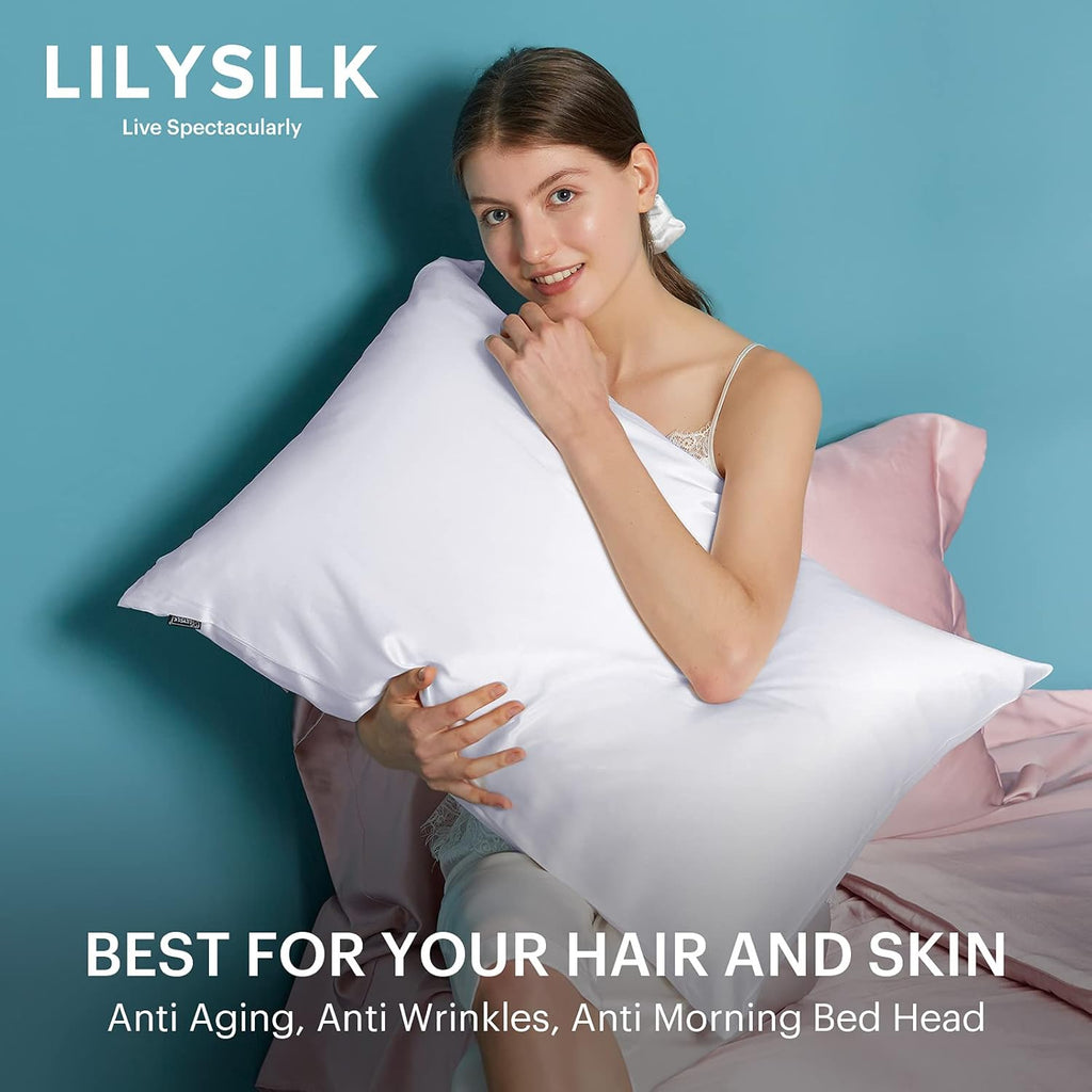 Silk Pillowcase for Hair and Skin Standard-100% Mulberry Silk 19 Momme Both Sides Silk Bed Pillow Cover with Hidden Zipper, 1 Pc (Standard Size 20''X26'', White)