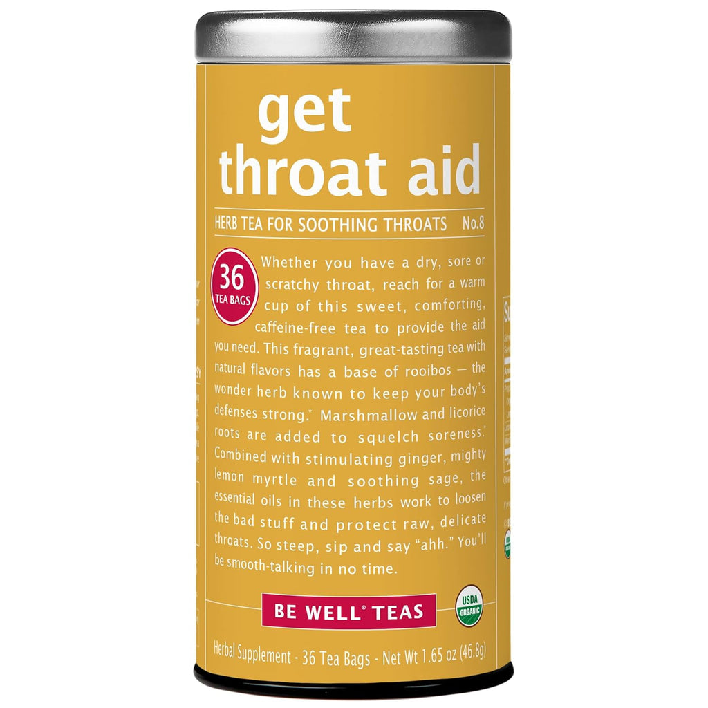 — Organic Get Throat Aid Herb Tea Tin, 36 Tea Bags, Naturally Caffeine Free Be Well Tea
