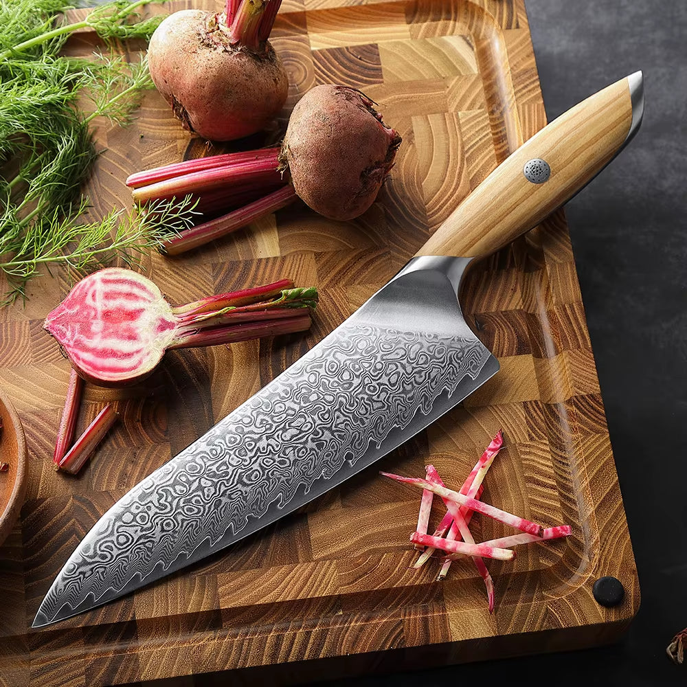 Flagship Series 8 Inch Chef Knife 73 Layers Powder Steel Core Damascus Steel Olive Wood Handle Gift Box Kitchen Knife