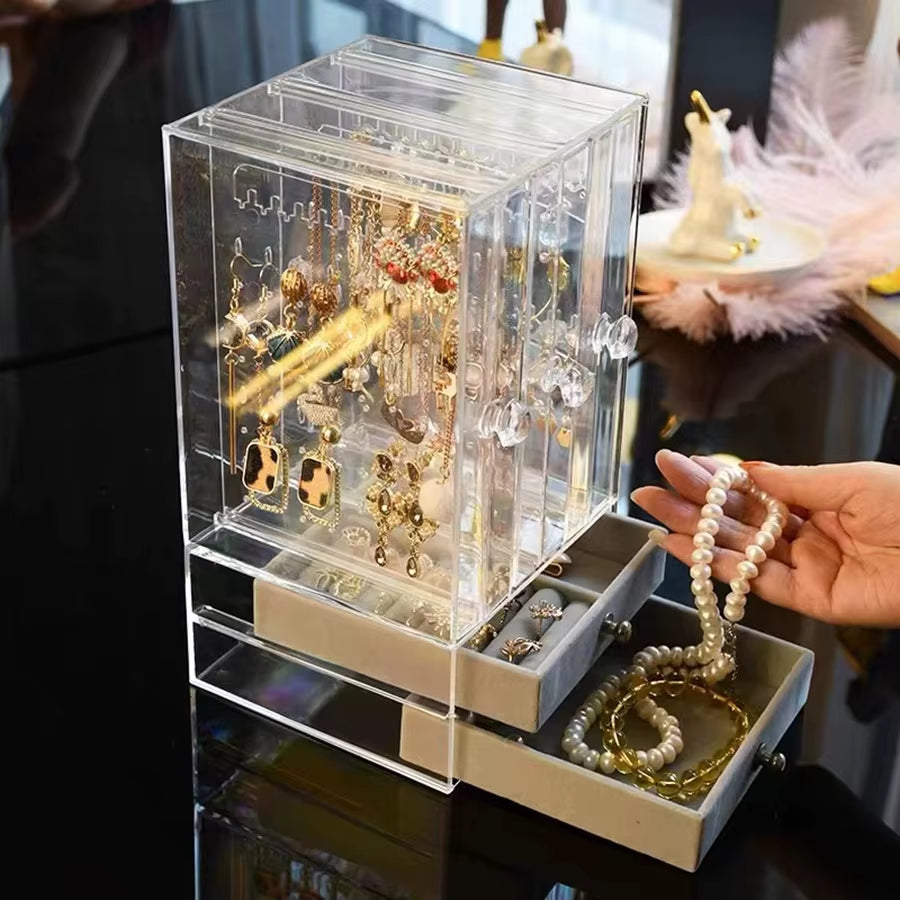 A Clear Earring and Necklace Display Case, Vintage Plastic Storage Case with Drawers for Bracelets, Rings and Accessories
