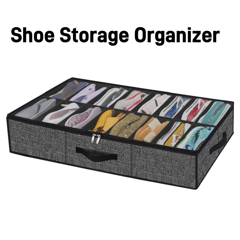Shoe Storage Organizer Box for under Bed, Fit 12 Pairs, Collapsible Closet Underbed Shoes Container Bags with Reinforced Handles