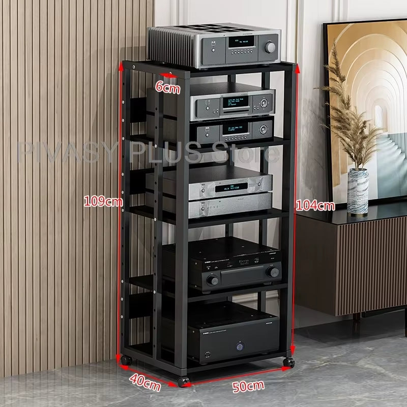 Adjustable 2-5 Tier Audio Rack Steel Frame Media Console E1 Panels Amplifiers Bracket with Wheels for Amp Home Theather Storage
