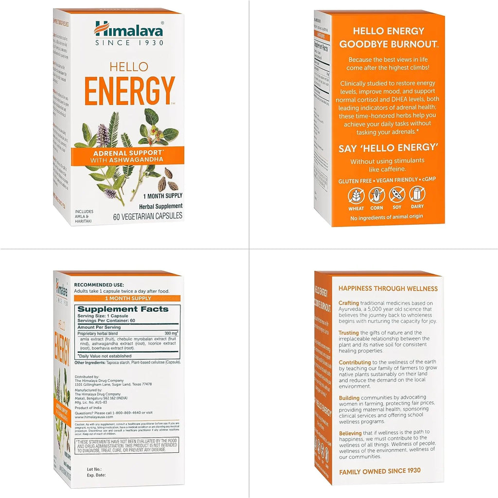 Hello Energy Herbal Supplement with Ashwagandha, Amla, Daily Energy Support, Positivity, Metabolism, 60 Capsules