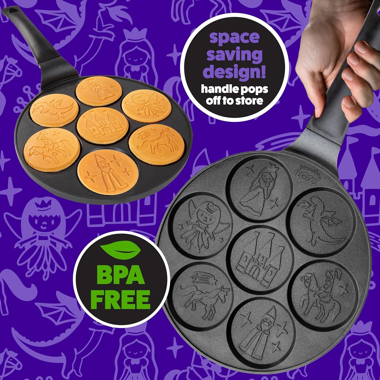 Fantasy Friends Mini Pancake Pan - Nonstick Griddle for Breakfast Magic, Featuring a Princess Castle & More, 7 Unique Flapjacks
