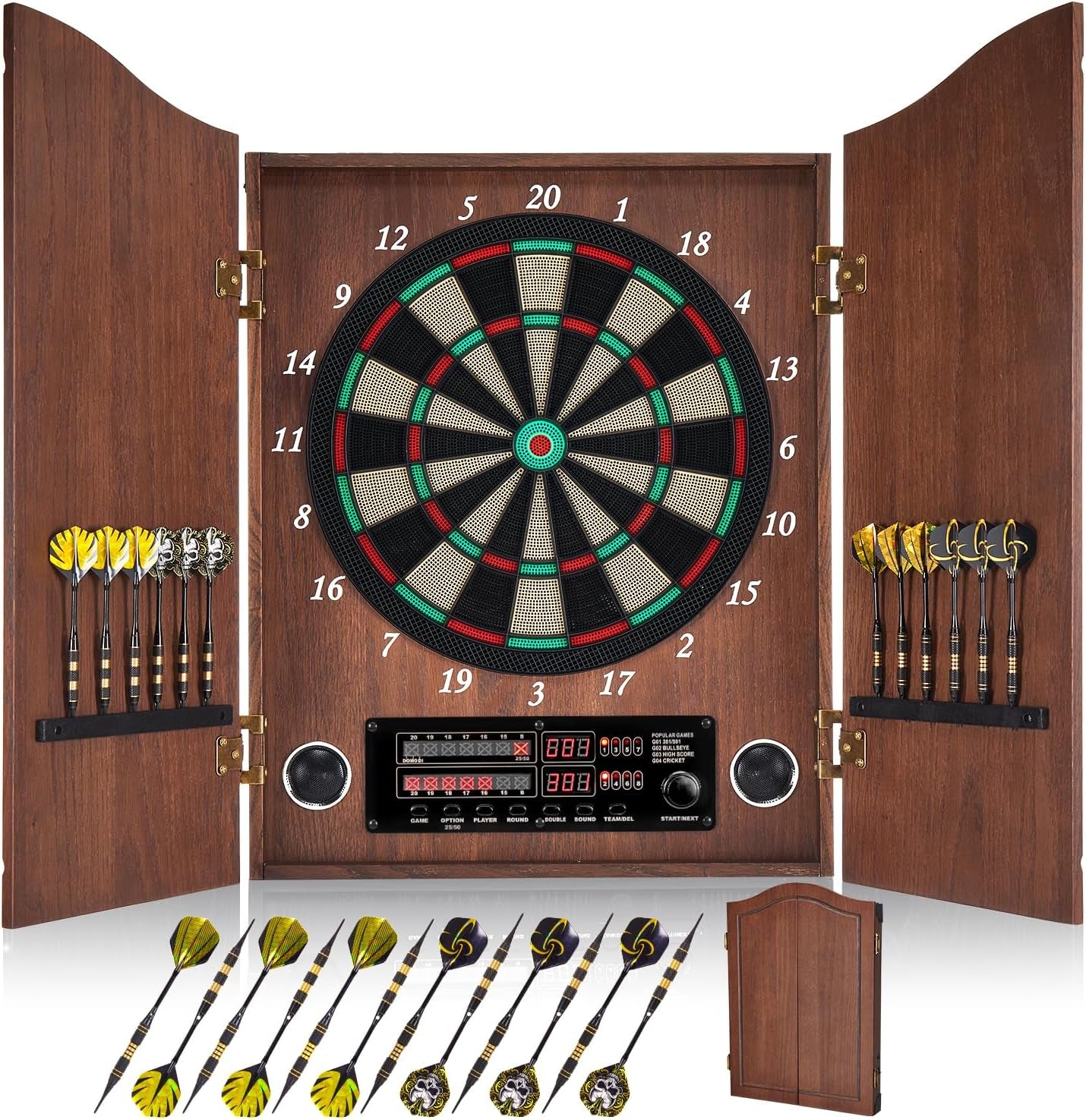 Electronic Dart Board, Decorative Dart Board Cabinet Set for Adults [12*Bronze Soft Tip Darts] [Cricket Game Mode]- Wooden Electric Dartboard Cabinet for Family Game Rooms 26