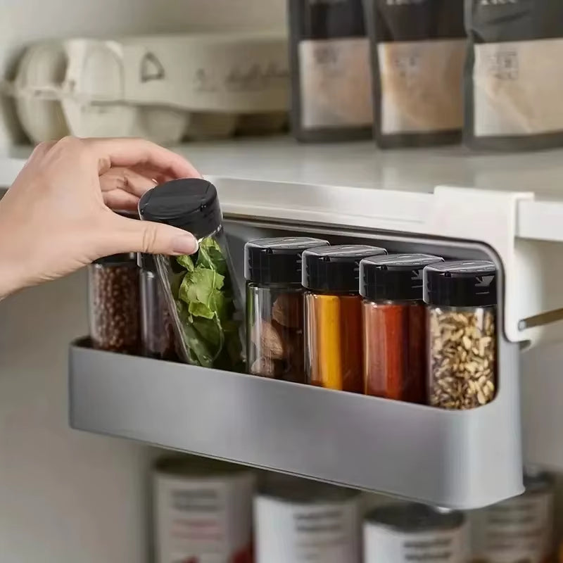 1Pc Plastic Seasoning Bottle Storage Rack Punch-Free Adjustable Seasoning Box Salt Sugar Seasoning Jar Set Kitchen Organizer