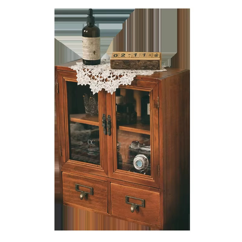 Nordic Solid Wood Retro Wooden Double Door Display Cabinet Miscellaneous Cosmetics Storage Cabinet Drawer Desktop Storage Box