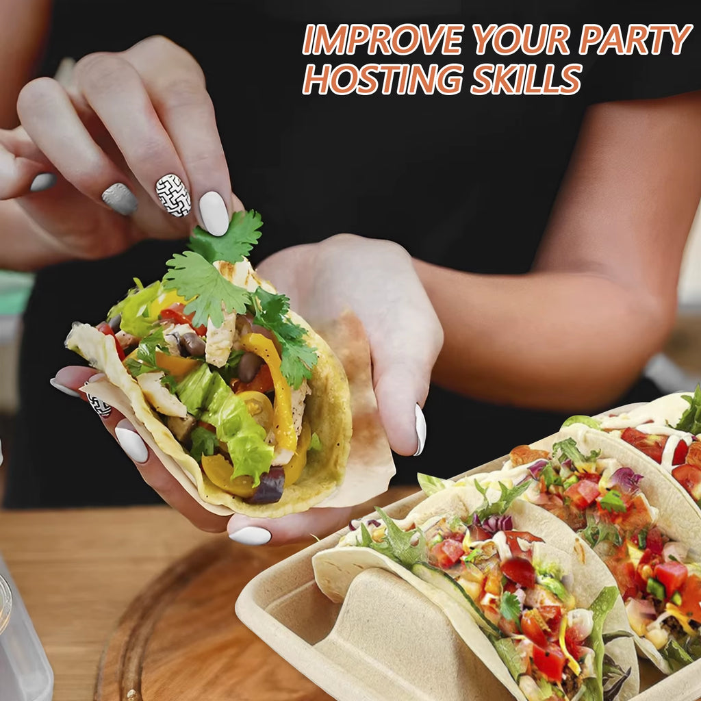 50Pcs Disposable Taco Plates 3 Compartments Taco Serving Plates No Messy Dining Stackable Taco Trays Holder Keep Tacos Upright