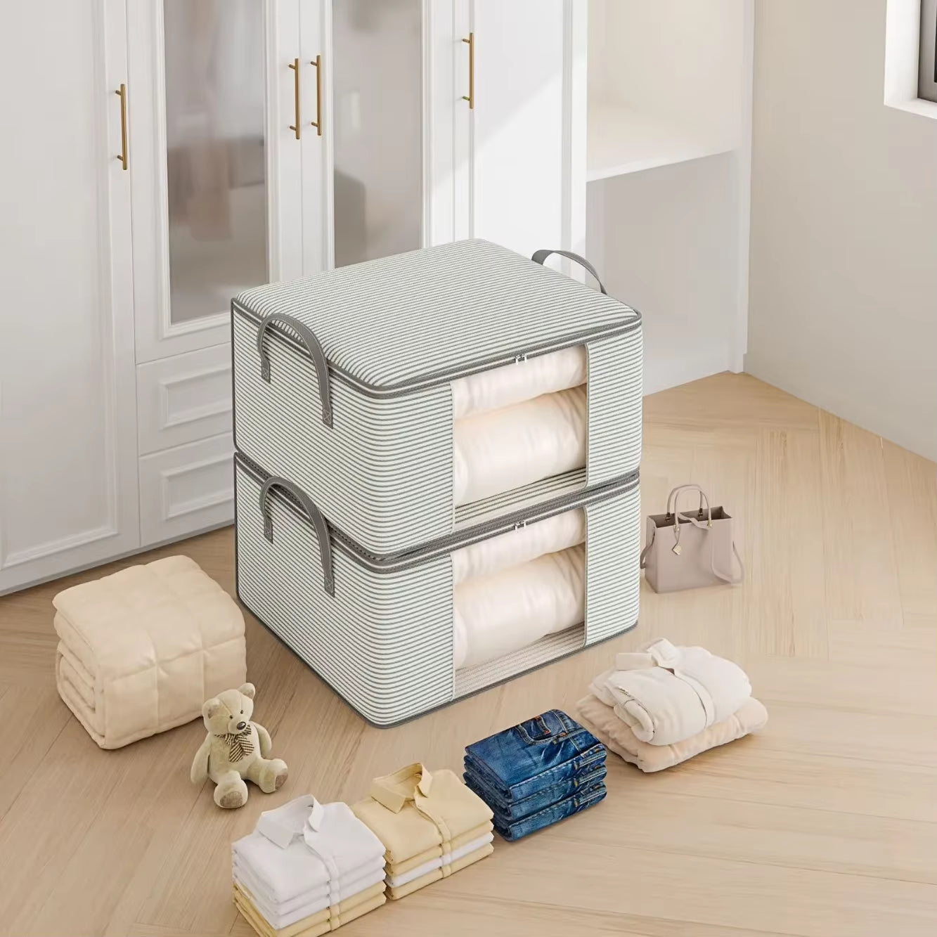 Thickened 120G Cloth Visual Storage Bag Large Capacity Clothes Quilt Home Use Packing Organizer Bag Non-Woven Fabric Box Shape