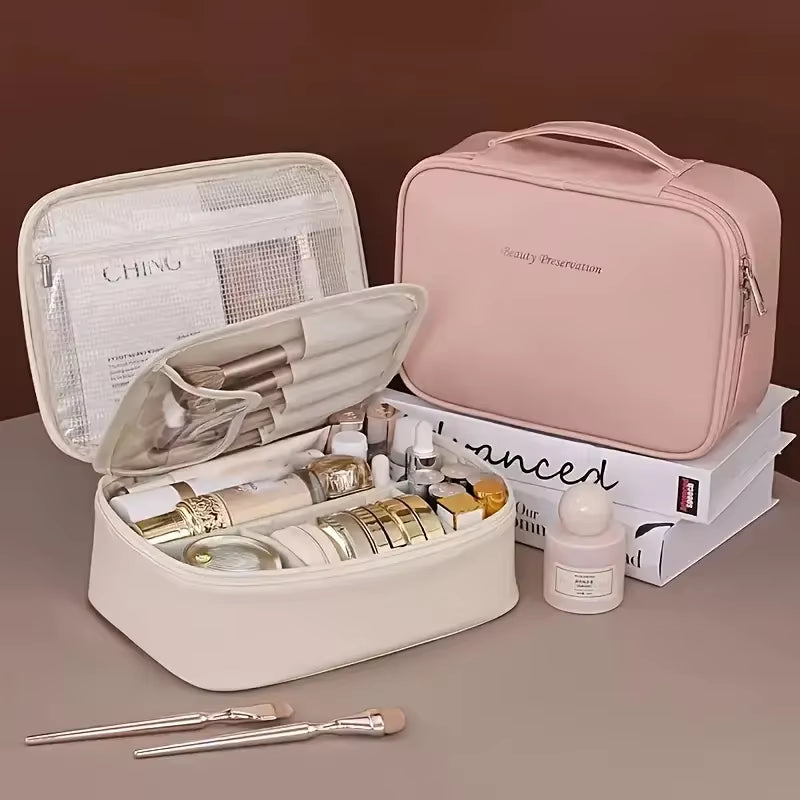 Large Capacity Waterproof PU Cosmetic Bag with Divider, Portable Travel Cosmetic Toiletry Storage Bag, Cosmetic Travel Bag ...