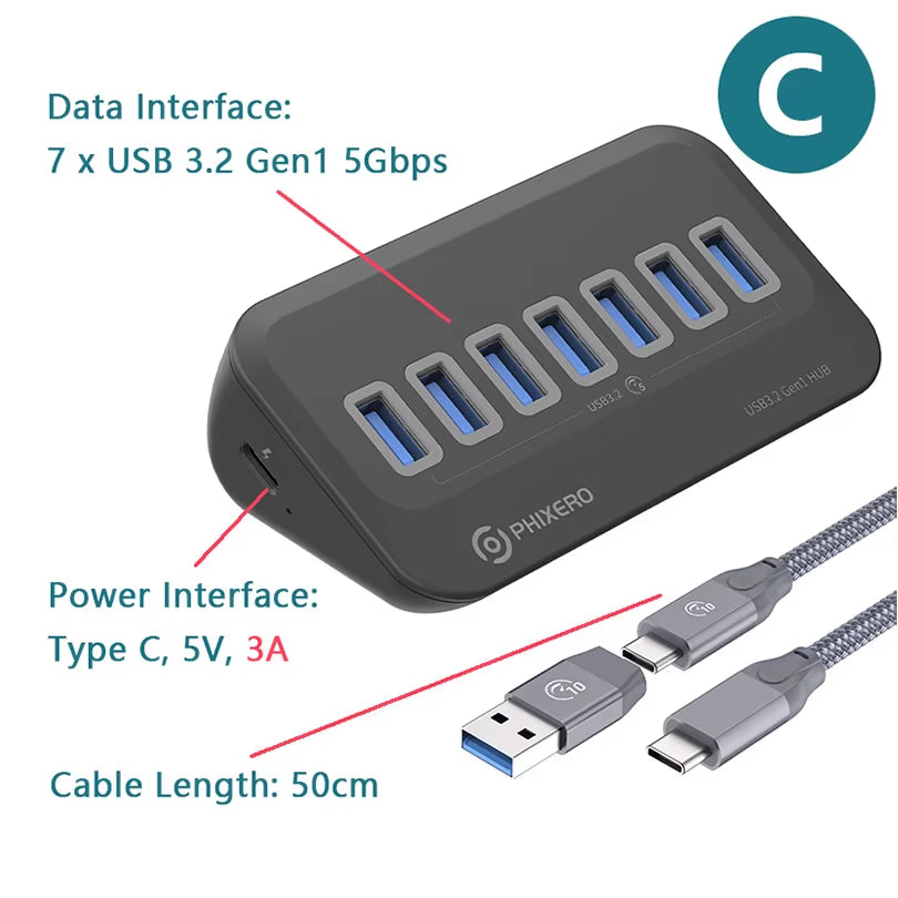 USB Splitter USB 3.2 Hub 5Gbps Type C Adapter Multi Ports USB 3.0 Docking Station Hub for Surface Macbook Laptop PC Hub