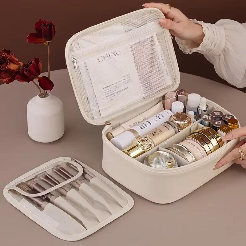 Large Capacity Waterproof PU Cosmetic Bag with Divider, Portable Travel Cosmetic Toiletry Storage Bag, Cosmetic Travel Bag ...