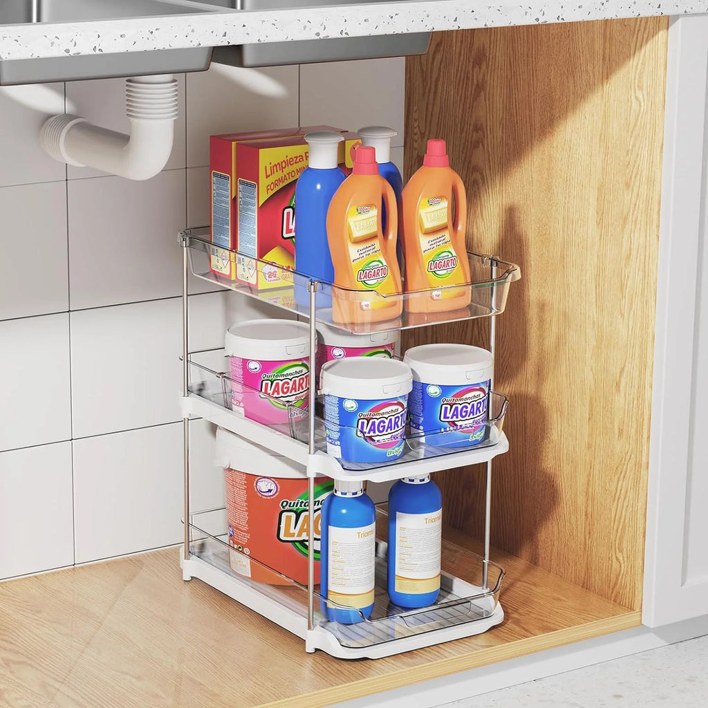 3-Tier Multi-Purpose Bathroom under Sink Organizers and Storage, Stackable Clear Pantry Organization and Storage, Pull Out Kitchen Cabinet Organizer with Movable Dividers