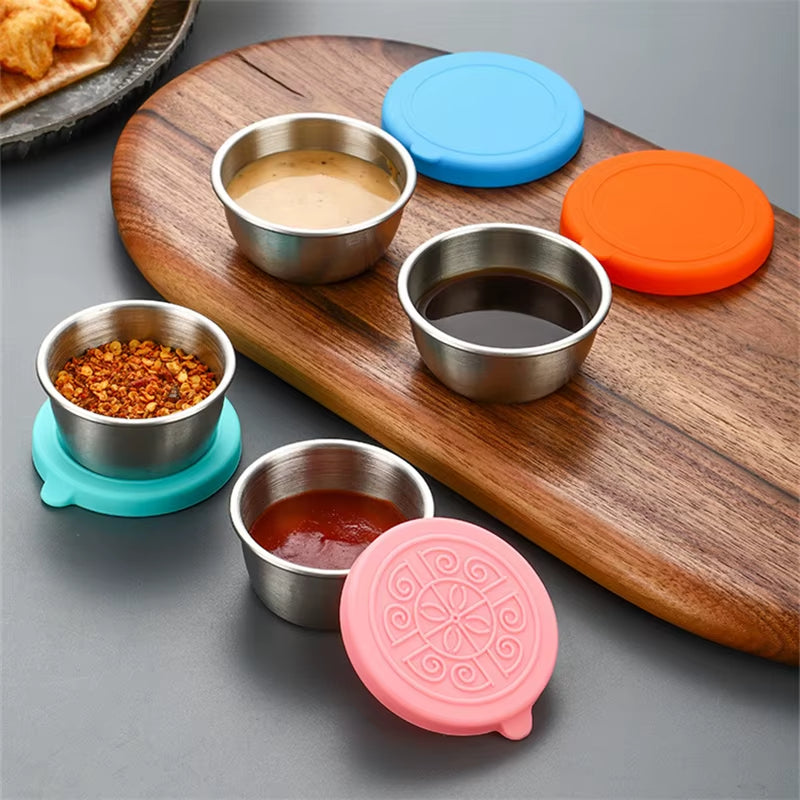 40/50/70ML Sealed Silicone Lid Sauce Cup Stainless Steel Small Seasoning Bowl Salad Tomato Dipping Saucer Box Kitchen Tableware