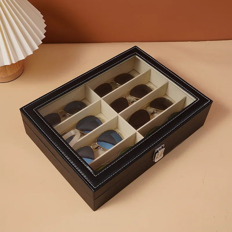 1Pcs Leather Fashion Sunglasses Storage Box Multi Grid Large Capacity Sunglasses Storage Box Jewelry Display Collection Box