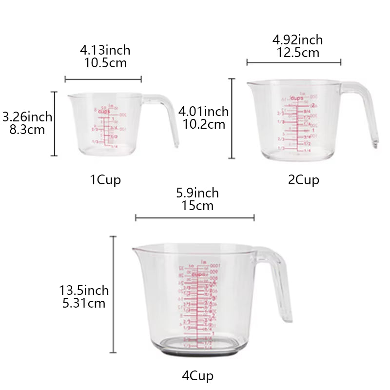 1Cup,2Cup,4Cup Transparent Nesting Measuring Cups Set Plastic Angled Grip Scales Liquid Measuring Cup for Kitchen Cooking