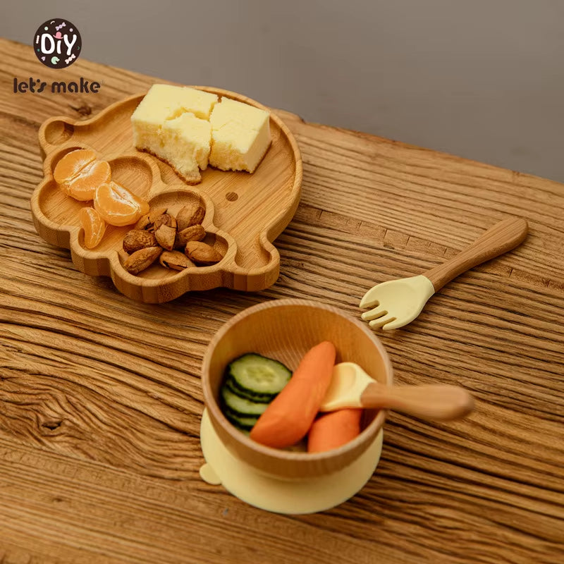 Let'S Make Baby Dinner Plates Set Wooden Cartoon Dinner Plate Fork Spoon Children Feeding Plate Safe Edible Silicone Product