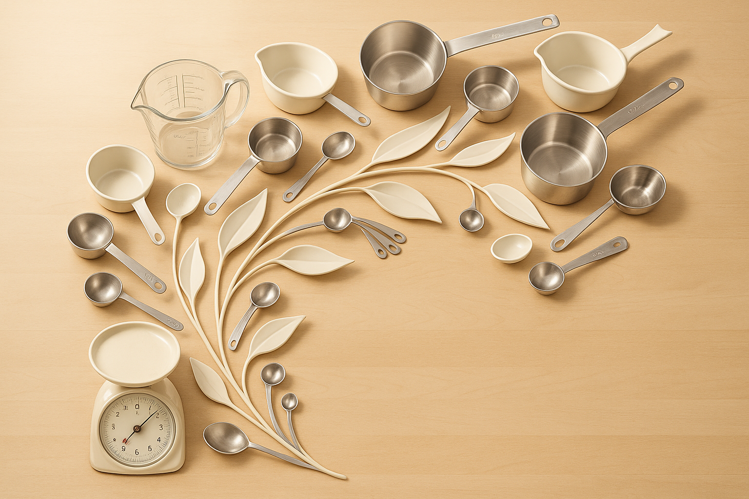 different measuring scales containers with scales kitchen items arranges as a dancing leaf