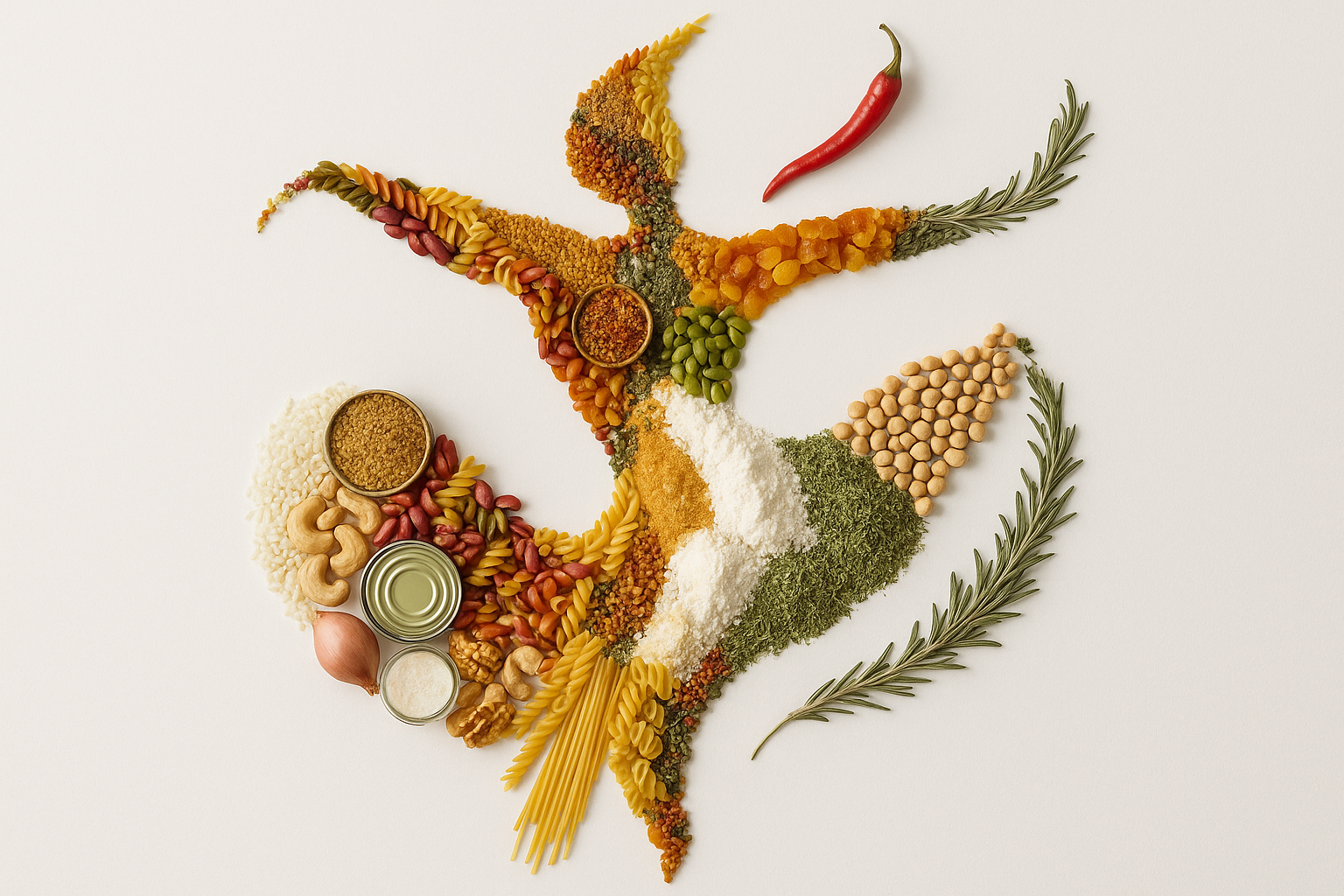 different pantry and food items arranged as a dancing leaf