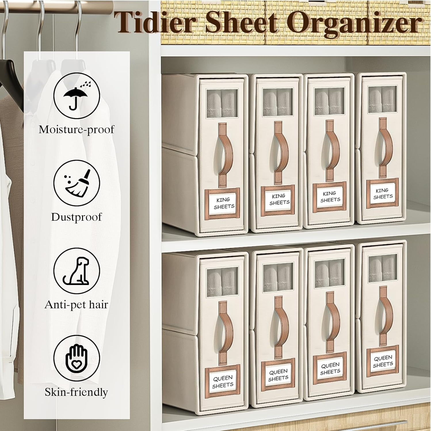 4 Pack Foldable Bed Sheets Set Organizers and Storage(King & Queen Size),Linen Fabric Closet Organizers with Window,Folding Bedding Storage Box for Bedsheets and Pillow Cube Organizer-Beige