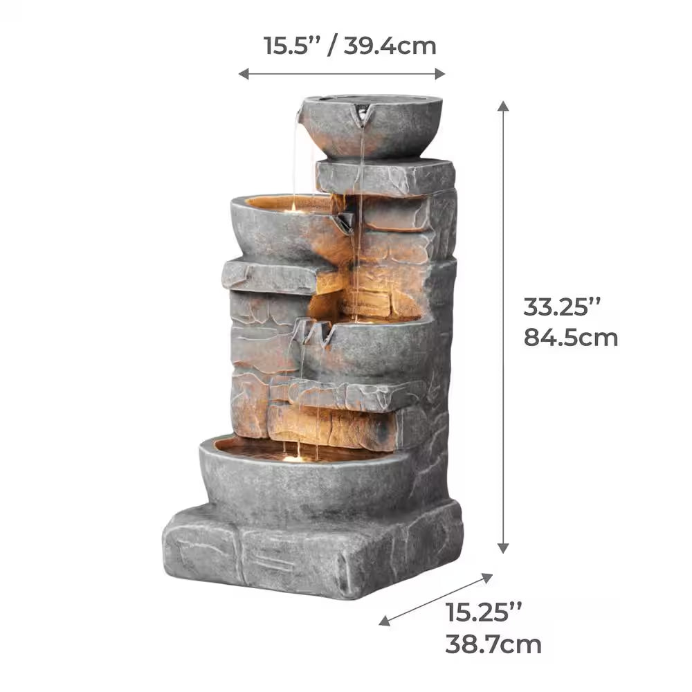 Outdoor Zen Garden 33 In. Stone-Texture Polyresin Cascading Waterfall Fountain with LED Lights
