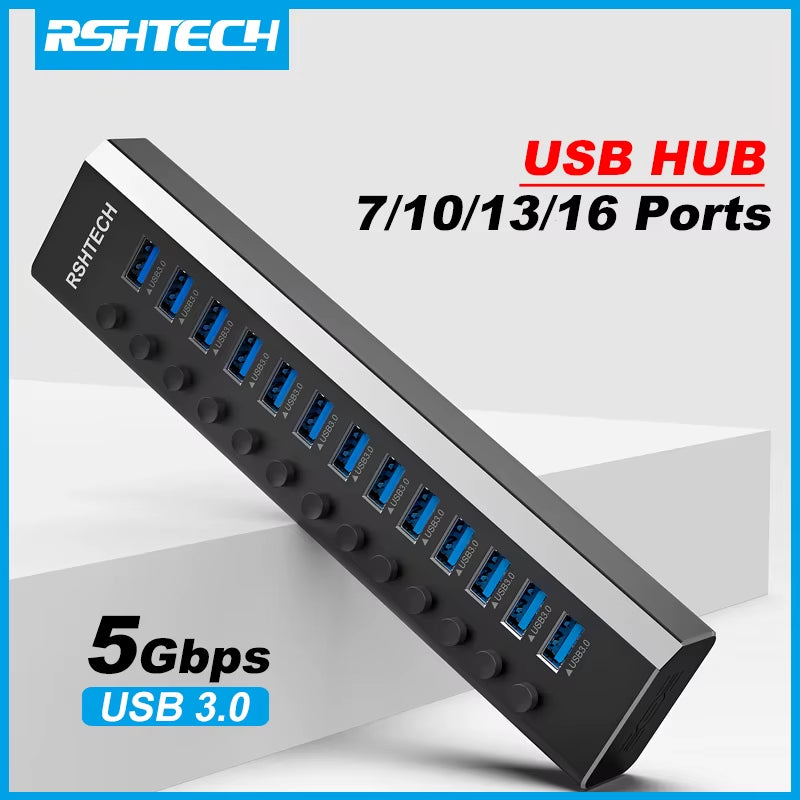 7/10/13/16 Ports Powered USB Hub Aluminum USB 3.0 Data Hub Expander with Individual On/Off Switches for Laptop Macbook Splitter
