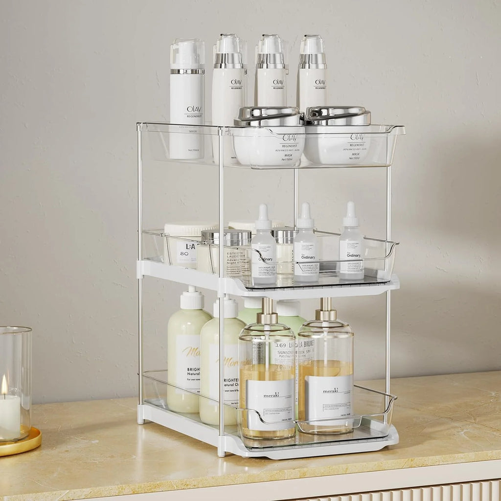 3-Tier Multi-Purpose Bathroom under Sink Organizers and Storage, Stackable Clear Pantry Organization and Storage, Pull Out Kitchen Cabinet Organizer with Movable Dividers