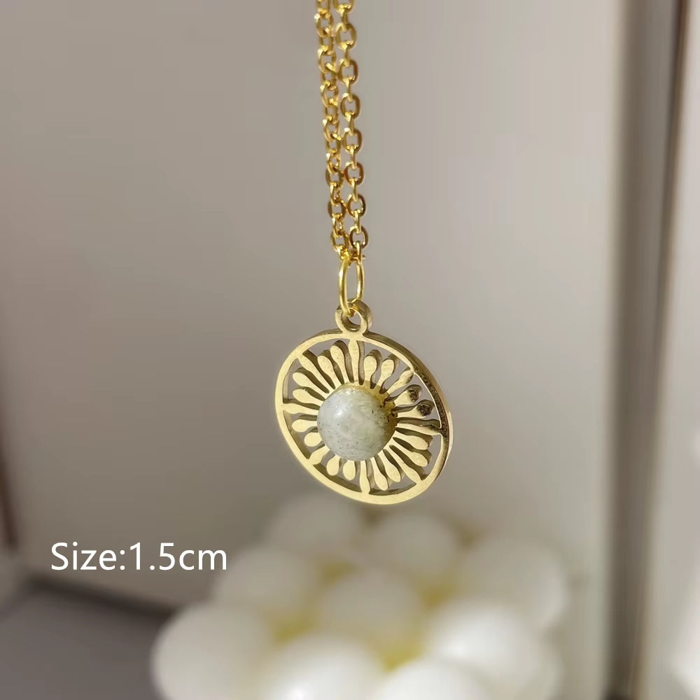 2022 New Gray Enamel round Star Sun Charm Natural Stones Pendants Necklace Stainless Steel Clavicle Chain Jewelry