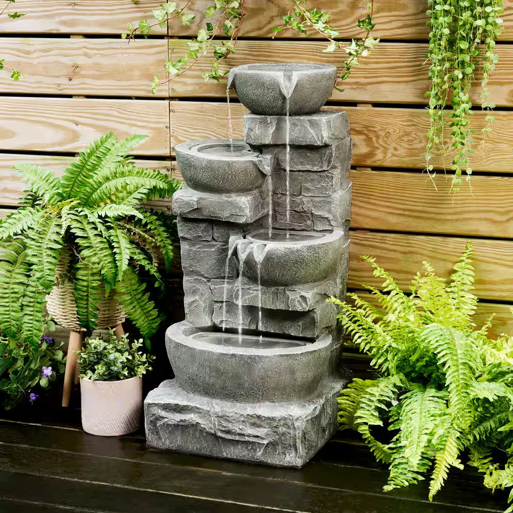 Outdoor Zen Garden 33 In. Stone-Texture Polyresin Cascading Waterfall Fountain with LED Lights