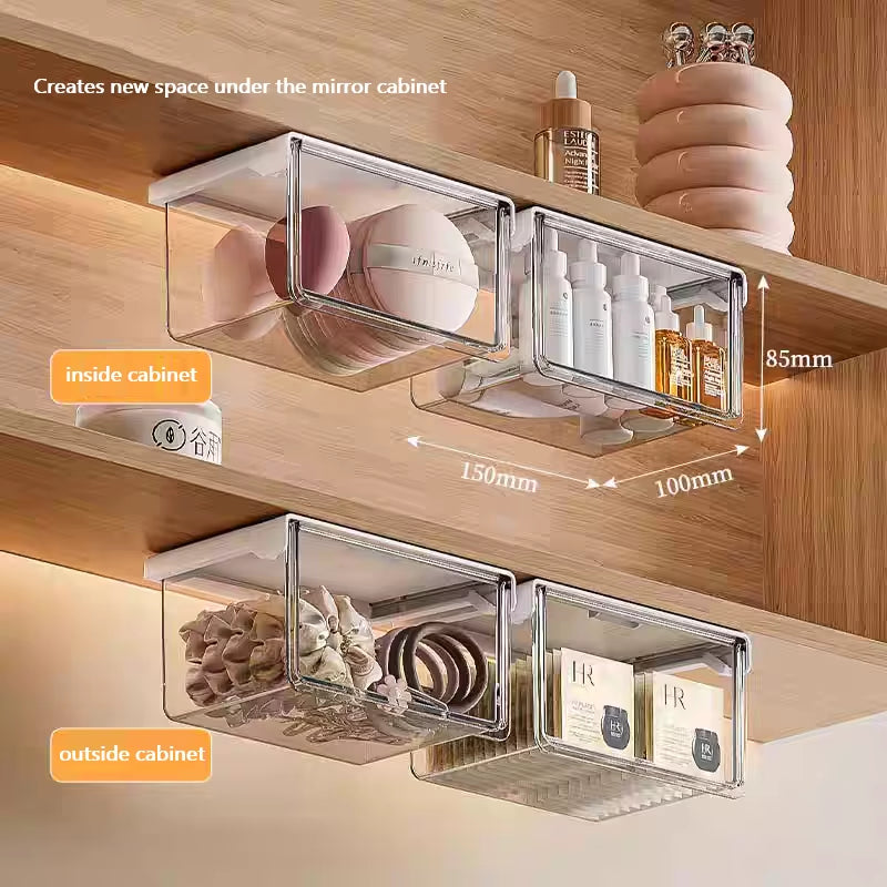 Qtip Holder Dispenser under Mirror Cabinet Pull-Out Storage Box Transparent Drawer for Cotton Pad,Swabs,Floss Makeup Organizers