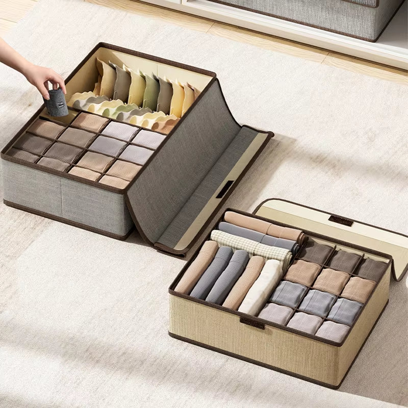 Underwear Storage Box Cotton and Linen Six-Compartment Compartment with Lid Underwear Box with Compartments Drawer Style