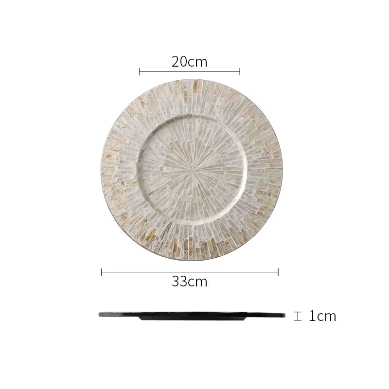 Natural Shell Wood Plates Set Golden Beads Decorative Glass Steak Pasta Plate Serving Tray Dinner Decoration Kitchen Tableware