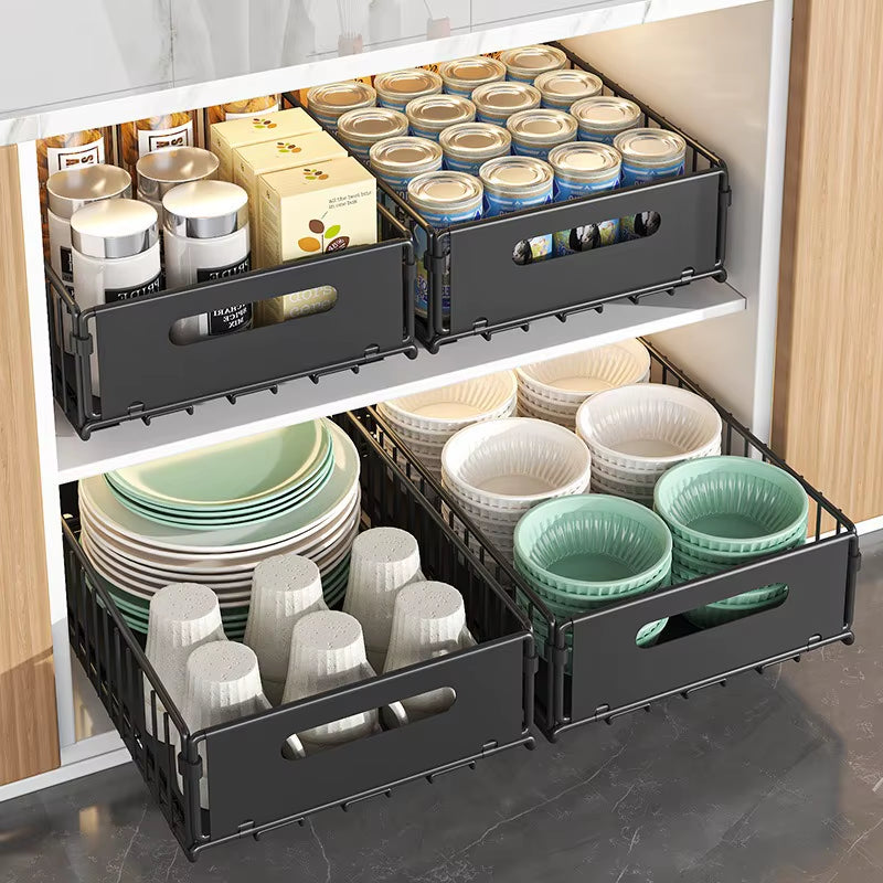 Pull Out Foldable Cabinet Storage Rack Kitchen Storage Artifact Multi-Layer Telescopic Storage Rack No Installation Required