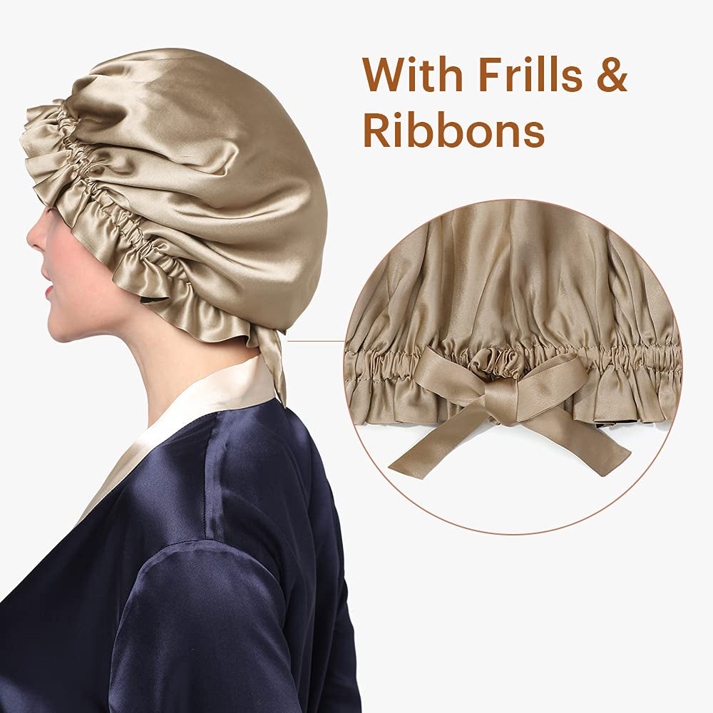Pure Silk Lined Cap for Women Sleep, Double Layered, Adjustable Ribbons, Luxury Natural Silk Bonnet Cap for Sleeping Coffee+Black