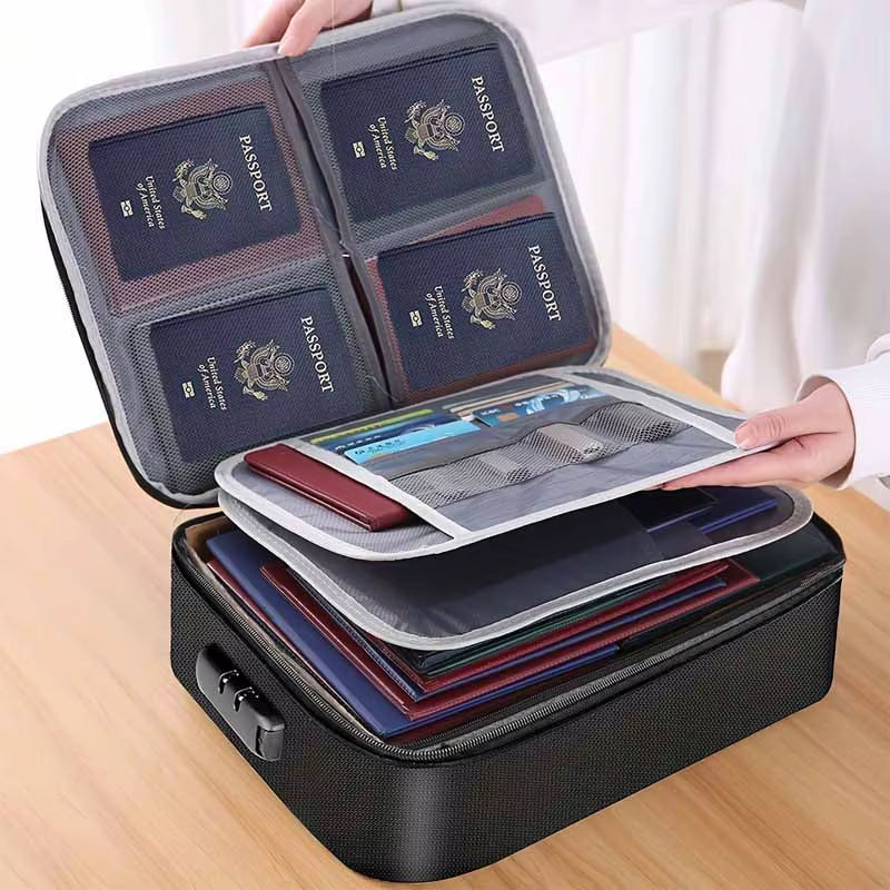 Fireproof Black Document Bag , Water-Resistant Zipper Portable Laptopfiles Certificates Organizer Box , Multi-Compartment File