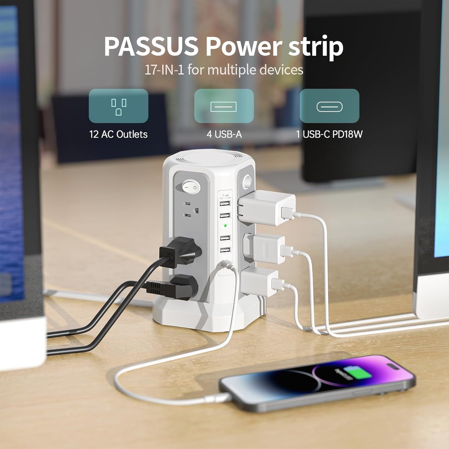 Surge Protector Power Strip Tower with USB C Port(Pd18W),10