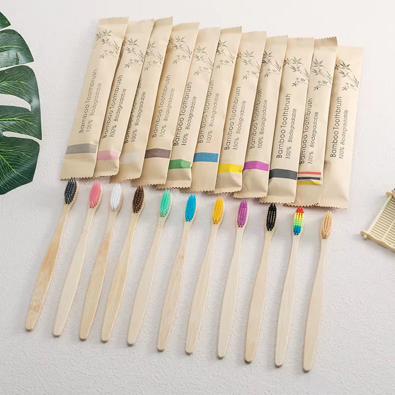 Single Cowhide Wrapped Bamboo Toothbrush Set Natural and Environmentally Friendly Bamboo Toothbrush Tablet One Box of 10 PCS