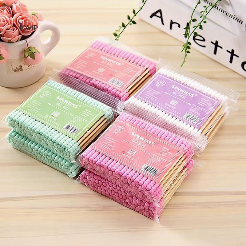 100Pcs Pack Double Head Cotton Swab Women Makeup Cotton Buds Tip for Medical Wood Sticks Nose Ears Cleaning Health Care Tools